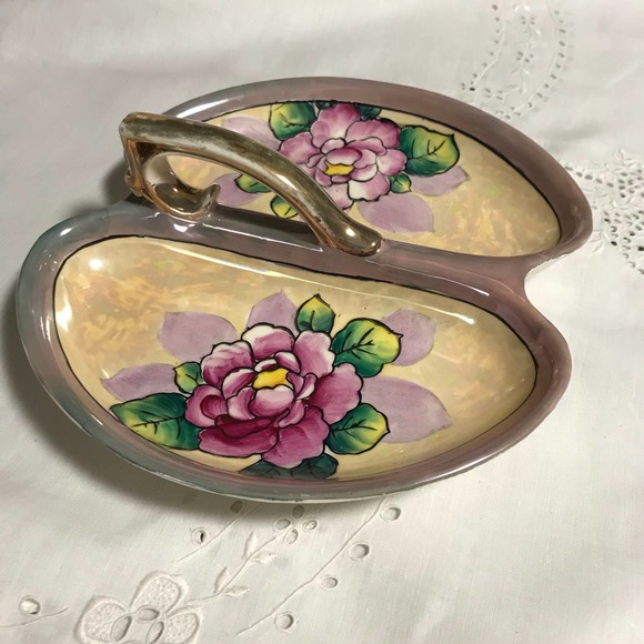 Lusterware Floral Serving Dish, Hand-Painted, Gold Trim, Divided Porcelain Dish - Picture 1 of 5